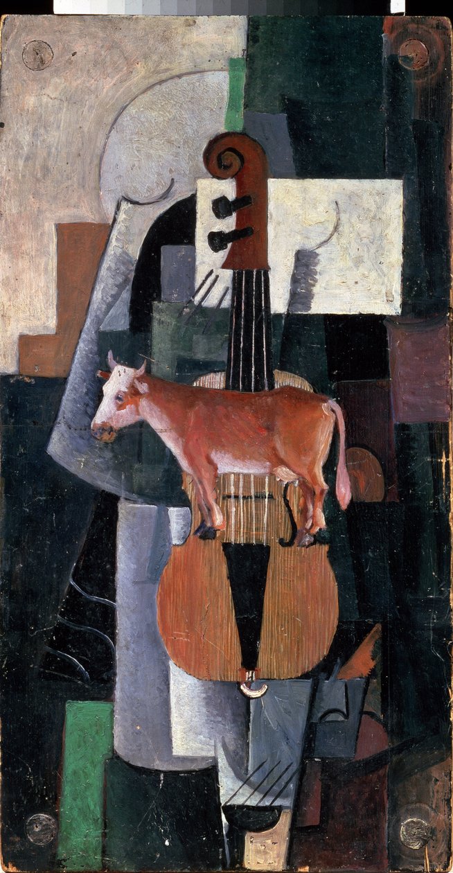 İnek ve Keman (İnek ve Keman). Kasimir Severinovich Malevitch (Malevich, Maleviç) (1878-1935), ahşap üzerine yağlı boya by Kazimir Severinovich Malevich