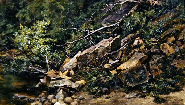 A Rocky Bank (tuval üzerine yağlı boya) by Keeley Halswelle