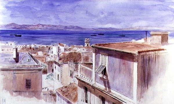 Cebelitarık ötesinde İspanya kıyıları ile (suluboya) by Keeley Halswelle