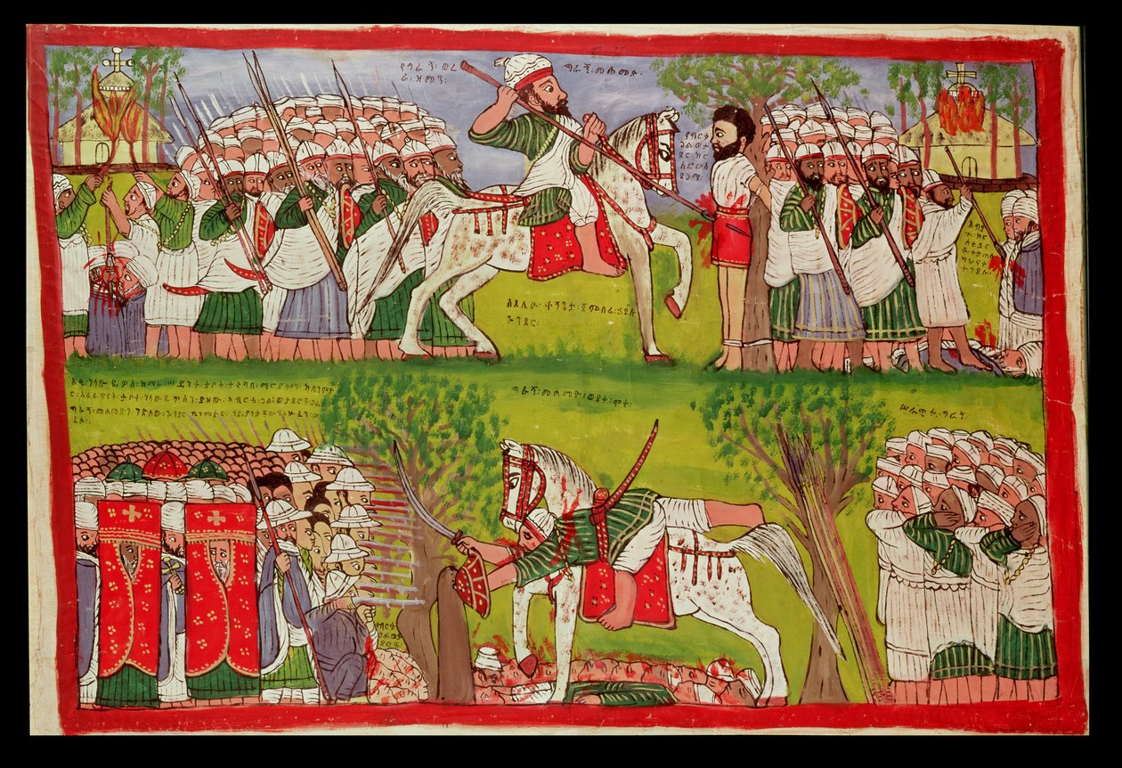 Müslümanlar tarafından Kiliselerin Yakılması ve Cristobal de Gama'nın Ölümü ve Ahmed ibn İbrahim el-Ghazi'nin Düşüşü ve Ölümü (1506-43) Portekizli bir silahşör tarafından çekilmiş, 1900 dolayları (tuval üzerine yağlı boya) by Kegneketa Jemlieri Hailu of Gondar