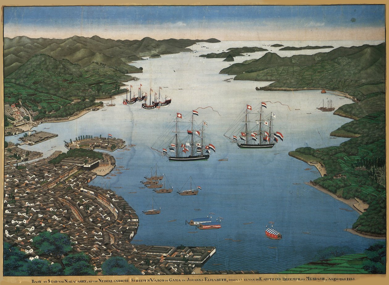 Vasco da Gama ve Johanna gemileriyle Nagazaki körfezindeki Deshima adası..., yaklaşık 1825. by Keiga Kawahara
