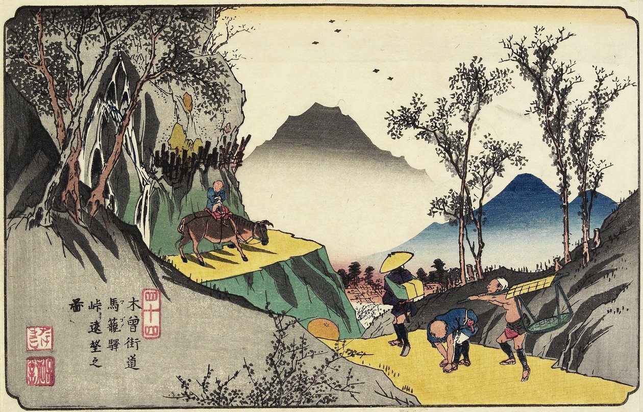 No.44 Geçitten Magome İstasyonunun Uzaktan Görünümü, 1830-1844 by Keisai Eisen
