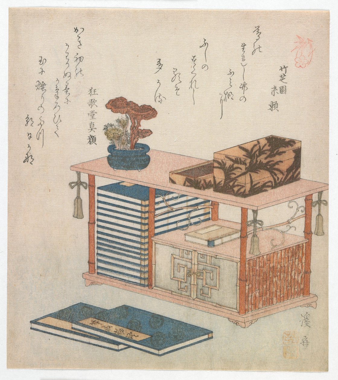 Bir kitap dolabını gösteren Surimono, Edo dönemi, 1810