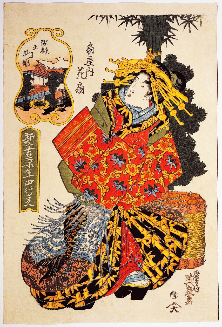 Fahişelerin bahar geçit törenindeki Ogiya evinden Nezaket Hanaogi, yaklaşık 1830, Keisai Eisen (1790-1848) tarafından ukiyo-e sanat baskısı, Oban tate-e gravür, 38.5 x25. 7 cm, Japon uygarlığı, Edo dönemi by Keisai Eisen