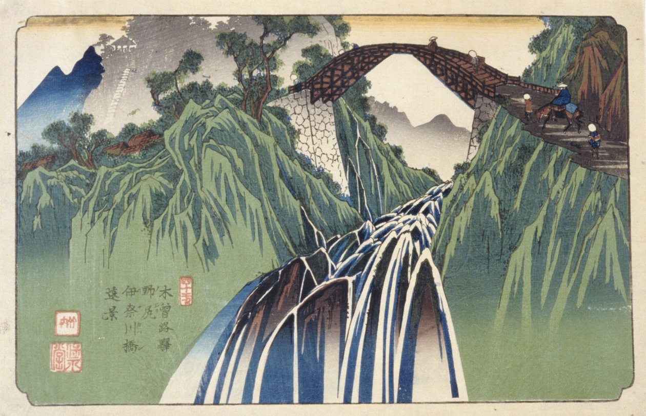 Nojiri'de Ina Nehri Üzerindeki Köprünün Uzak Görünümü , No. 41 (Nojiri Inagawabashi Enkei, 41) (renkli tahta baskı) by Keisai (1790 1848) Eisen