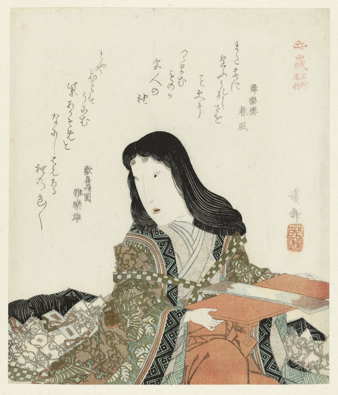 diz çökmüş kadın Yamashiro Eyaletindeki Ünlü Yerler ve Ürünler (dizi başlığı) Yamashiro meisho meibutsu (nesne üzerinde seri başlığı) by Keisai Eisen