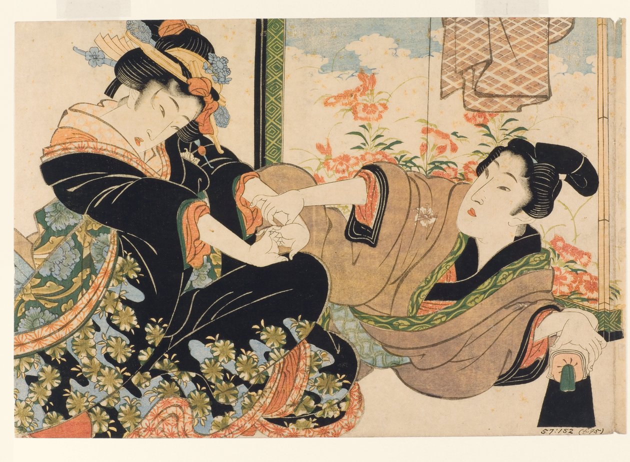 Boyalı bir ekranın yanında aşıklar, 1815-25 (tahta blok) by Keisai Eisen