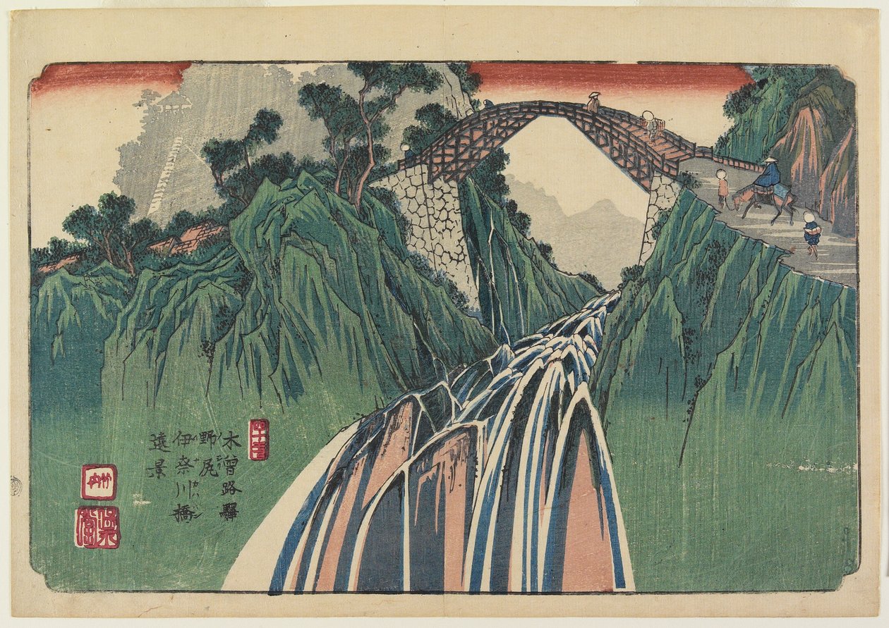 41, Nojiri: Ina Nehri Köprüsü'nün Uzaktan Görünümü, 1835-38 by Keisai Eisen