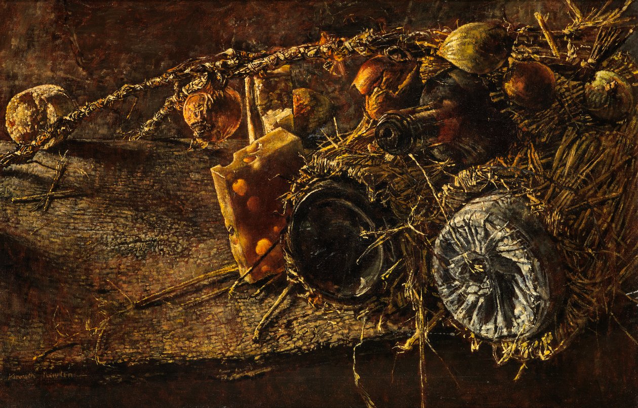 Peynir ve Şişe ile Natürmort (tuval üzerine yağlı boya) by Kenneth Newton