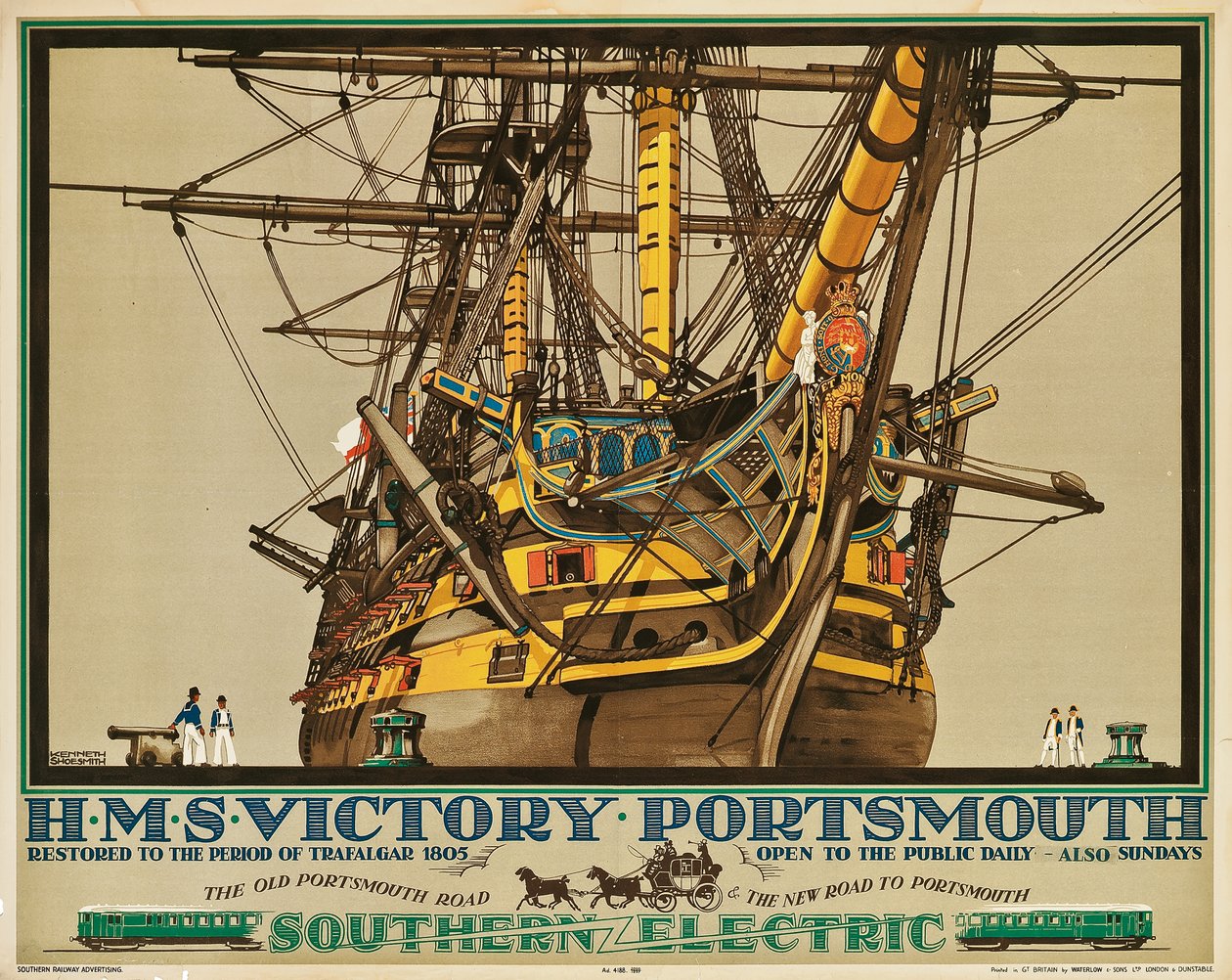 H.M.S. Zafer, Portsmouth, Southern Electric Demiryolları reklam afişi (renkli lito) by Kenneth Shoesmith