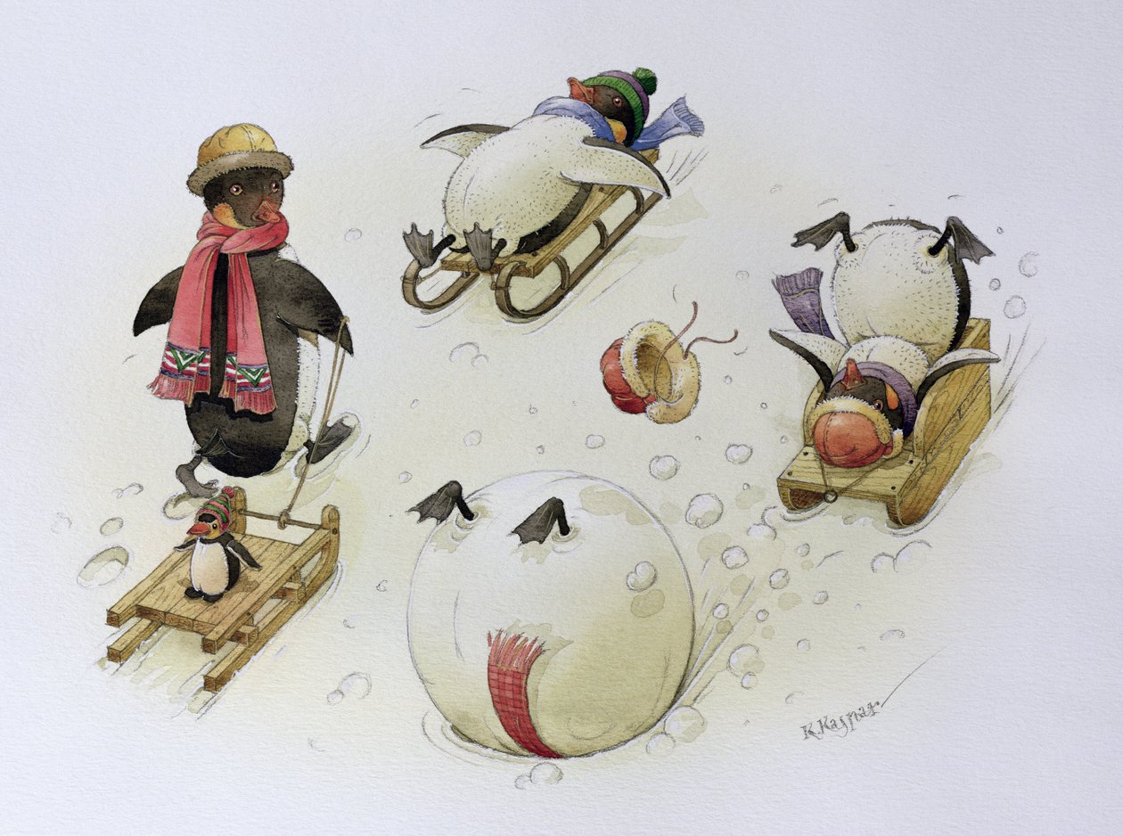Penguenler Sledging, 1999 (kağıt üzerinde wc) by Kestutis Kasparavicius
