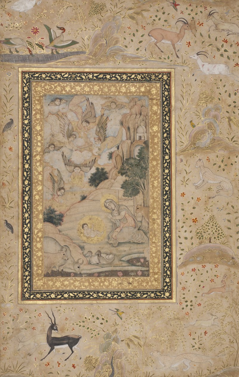 Meryem Ana Mesih Çocuğuna Tapıyor, c.1620-30 (kağıt üzerinde opak wc ve altın) by Kesu Das