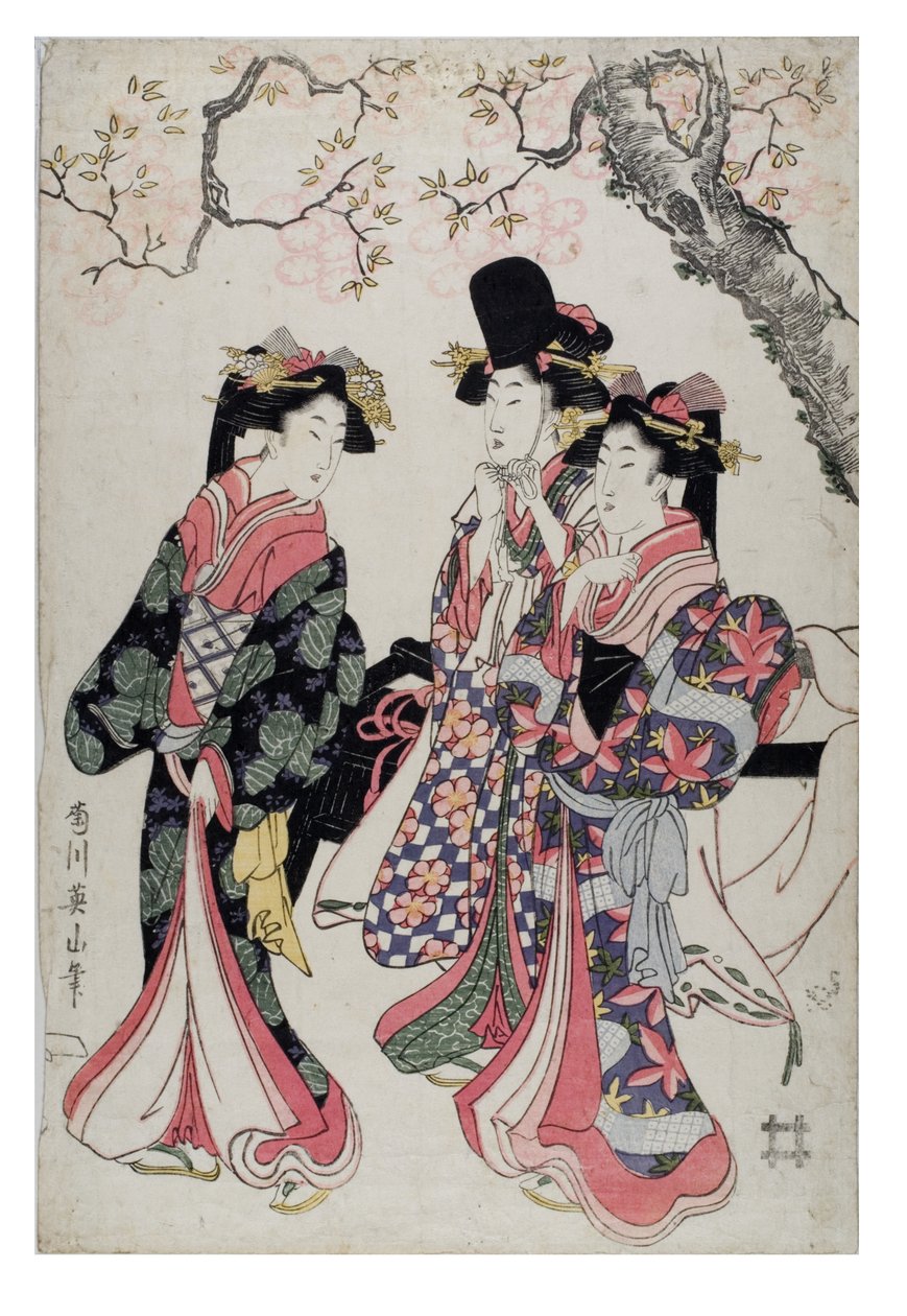 Çiçekli bir kiraz ağacının altında yürüyen üç fahişe. Saray kıyafetleri içinde, c.1790-1815 (kağıt üzerine gravür baskı) by Kikugawa Eizen