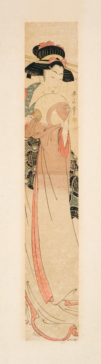 Bir yelpaze tutan güzellik, c.1805-10 (tahta blok) by Kikukawa Eizan