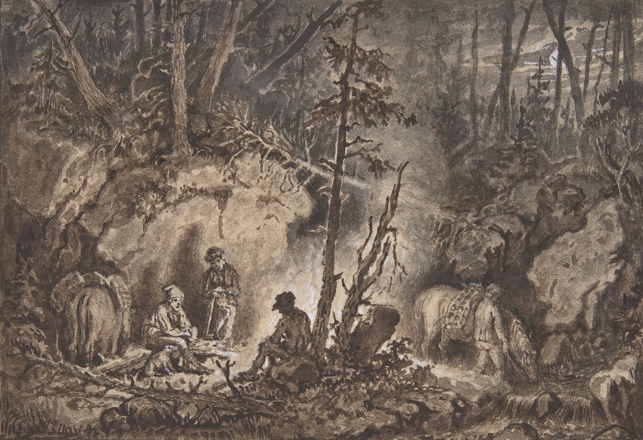1830-60, geceleri bir ormanda dinlenen avcılar. by Kilian Christoffer Zoll