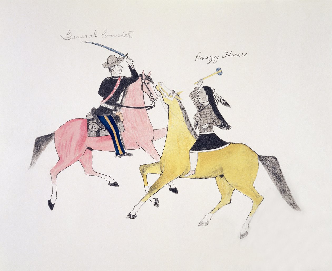 Kızılderililer ve beyazlar arasındaki çatışmanın en ünlü iki lideri General Custer ve Crazy Horse (tuval üzerine pigment) tarafından temsil edilen sembolik tasviri by Kills Two