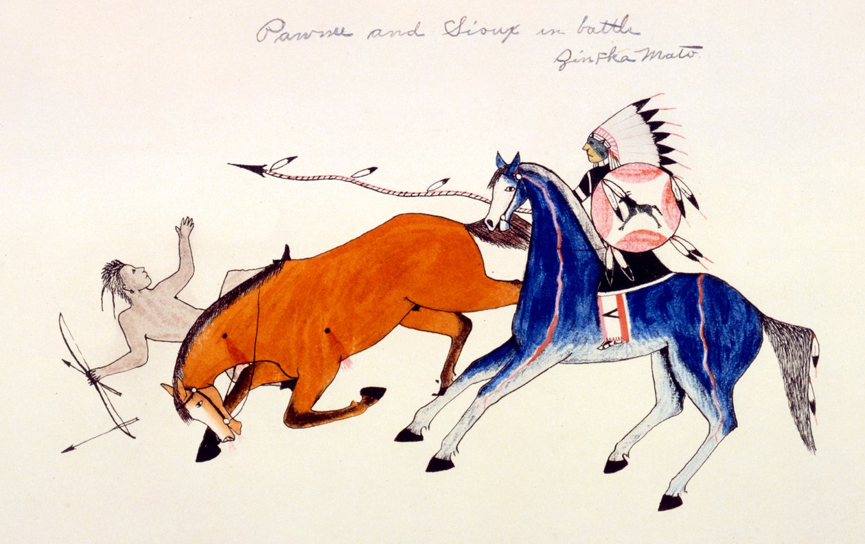 Dakota Sioux savaşçısı Zintka Mato Köpek Ayı tarafından bir Pawnee savaşçısının attan indirilmesi, c1889-1927. by Kills Two
