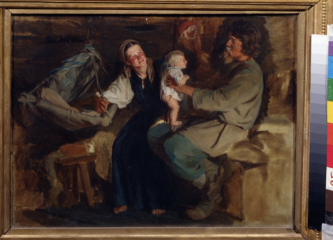 Ebeveyn Sevinci. Mütevazı bir iç mekanda, birkaç köylü, baba oturmuş, yarı çıplak bebeğini dizlerinin üzerinde dengeli bir şekilde yanlarında tutuyor, anne gülümsüyor ve beşiği havada tutuyor. Kirill (Karl) Vikentlevic tarafından yapılan boyama by Kirill Vikentievich Lemoch