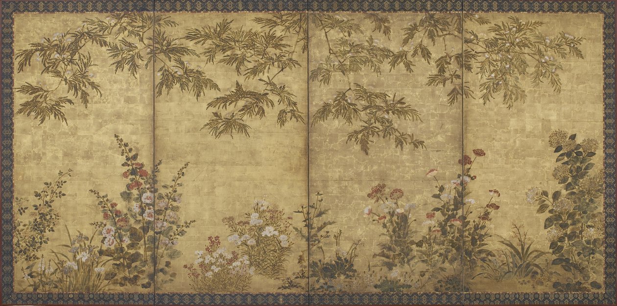 Mimoza ağacı, haşhaş, gülhatmi ve diğer çiçekler, Edo dönemi, 1630-70 (kağıt üzerine mürekkep, renk ve altın) by Kitagawa Sosetsu