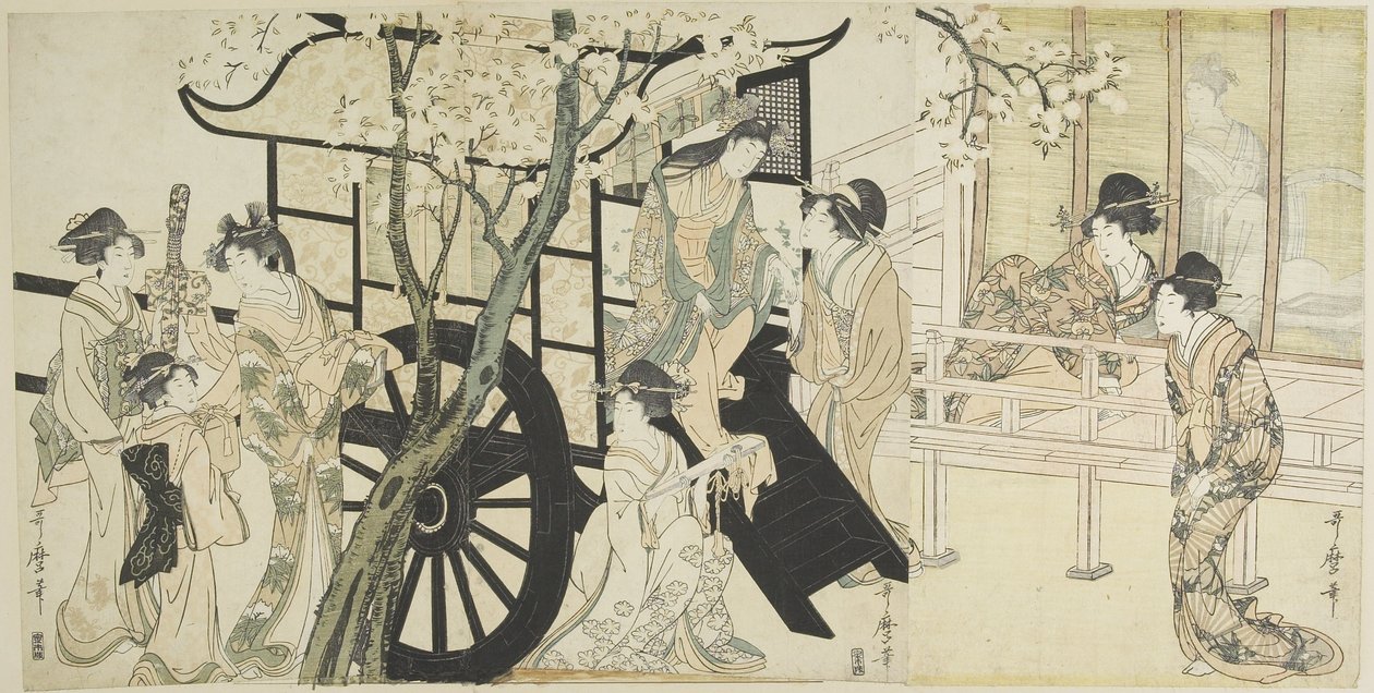(Viewing Cherry Blossoms Likened to an Imperial Carriage Scene), c. 1798 by Kitagawa Utamaro