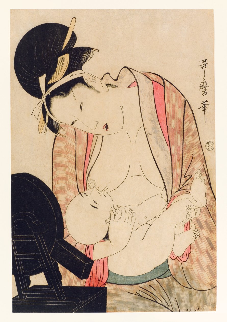 Bir ayna standının önünde çocuğunu emziren anne, c.1800-04 (tahta blok) by Kitagawa Utamaro