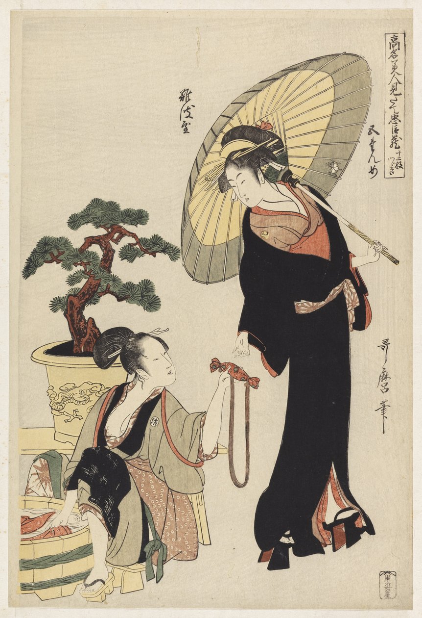 S.352-1945 Sahne 5, Ünlü güzellikler ile sadık ligin karşılaştırılması, c.1797 (renkli tahta baskı) by Kitagawa Utamaro