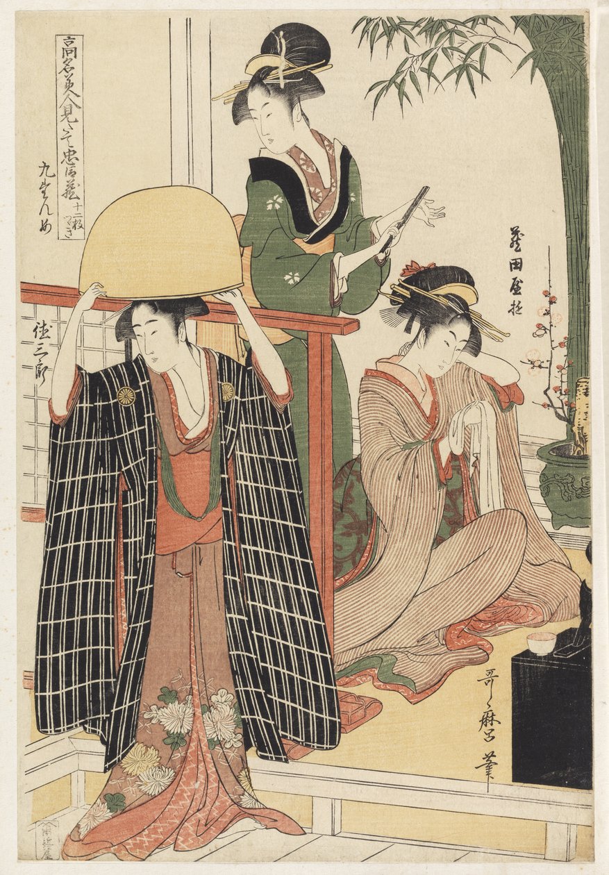 S.356-1945 Sahne 9, Ünlü güzellikler ile sadık ligin karşılaştırılması, c.1797 (renkli tahta baskı) by Kitagawa Utamaro