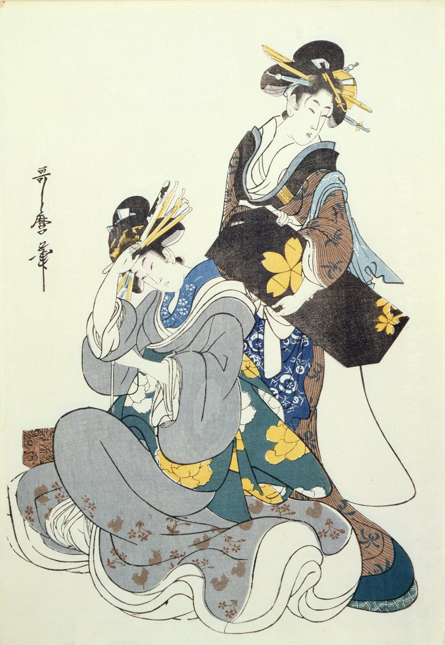 İki Kadın Figürü (renkli tahta baskı, 12. blok) by Kitagawa Utamaro