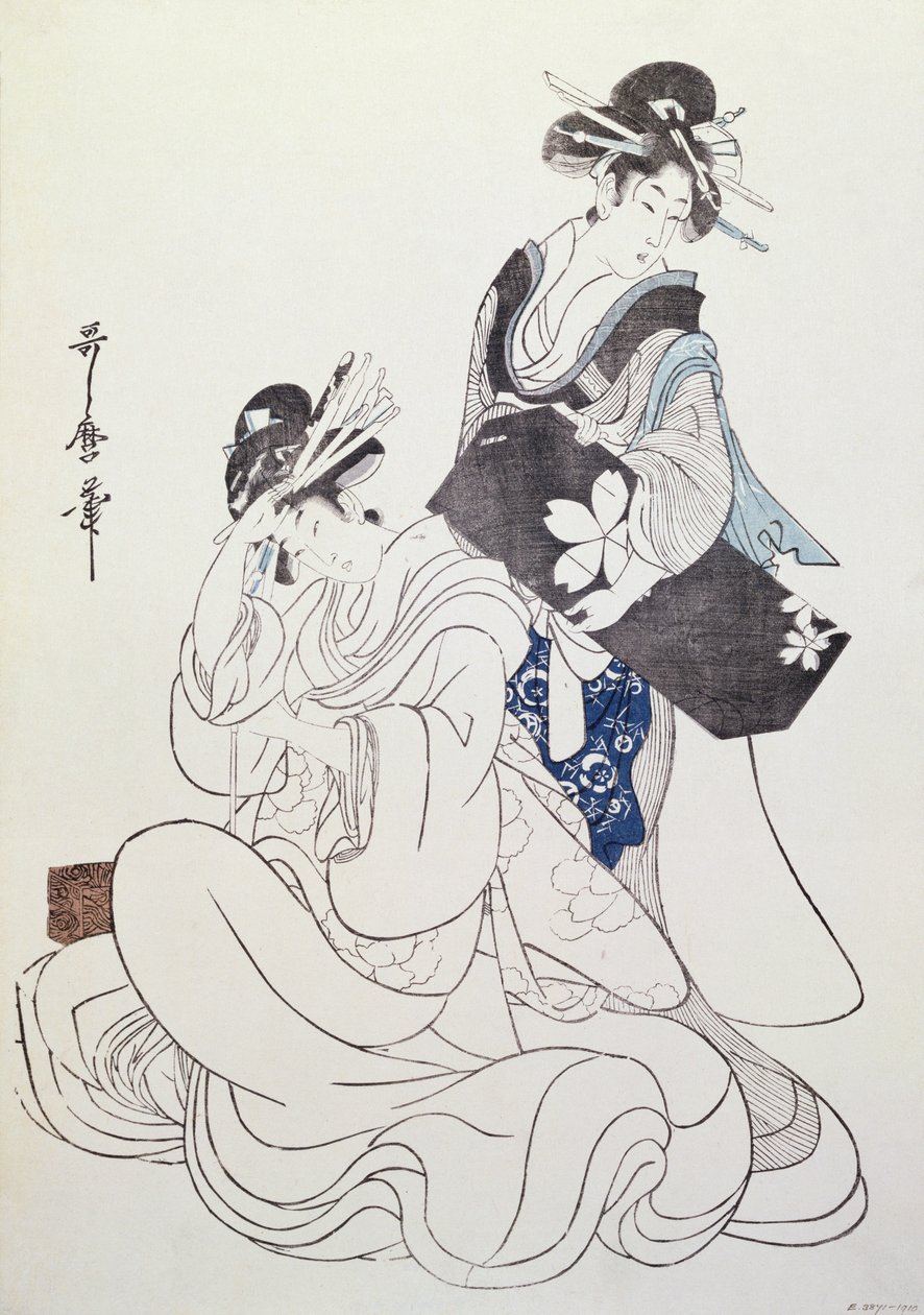 İki Kadın Figürü (renkli tahta baskı, 6. blok) by Kitagawa Utamaro