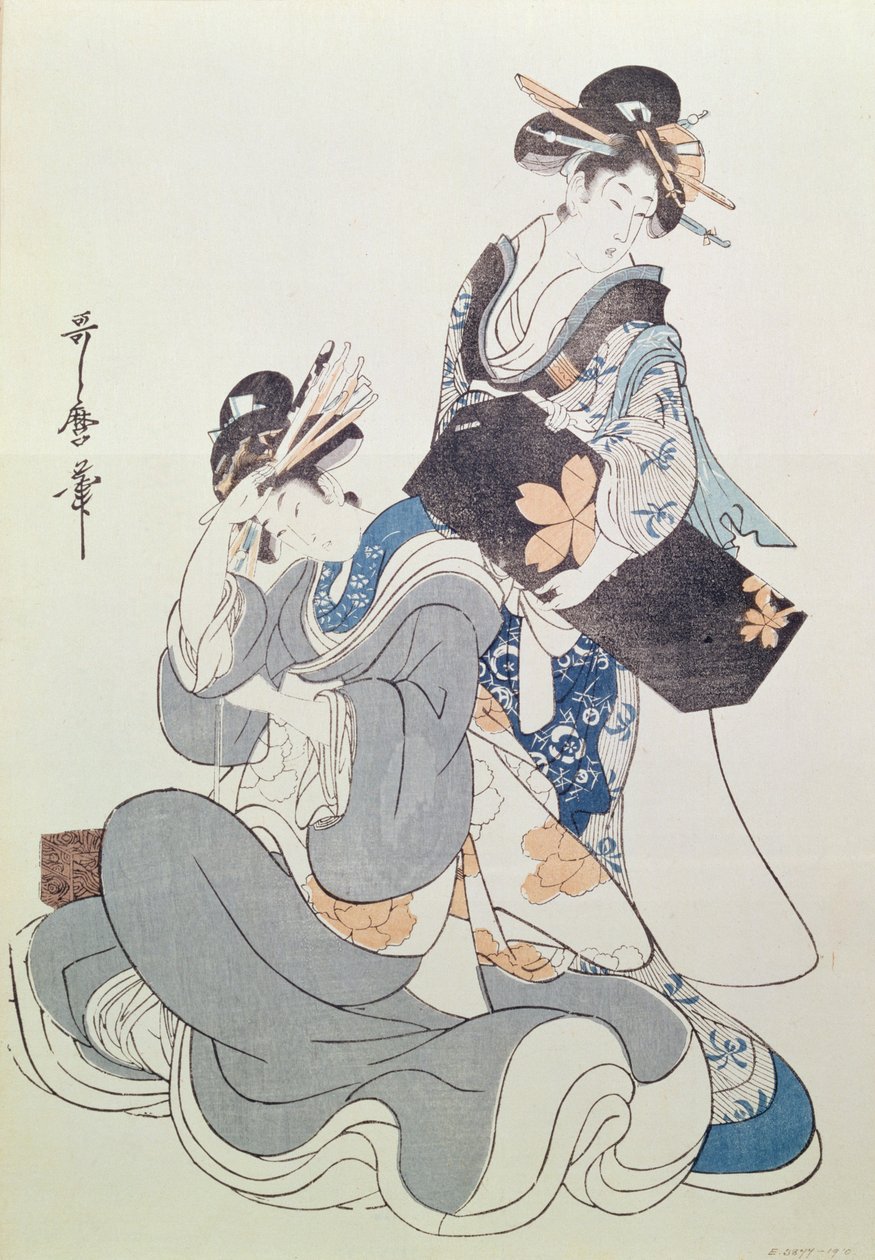 İki Kadın Figürü (renkli tahta baskı, 9. blok) by Kitagawa Utamaro