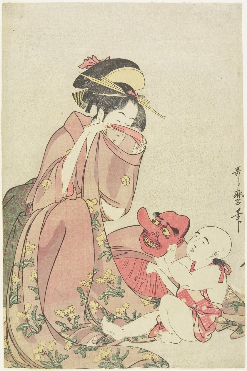 Tengu Maskeli Bir Çocukla Oynayan Kadın, 1795-1802 by Kitagawa Utamaro