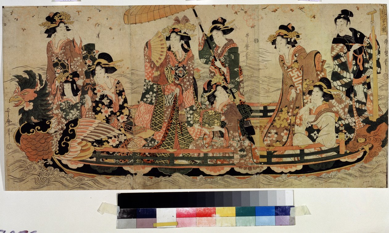 Kiraz çiçeklerine hayran kalın (Hanami) (Cherry Blossom Viewing, Hanami). Kitagawa Utamaro II (?-1831) tarafından basılmıştır. Renkli gravür, 37 x 76 cm. Doğu sanatı. Puşkin Müzesi, Moskova by Kitagawa II Utamaro