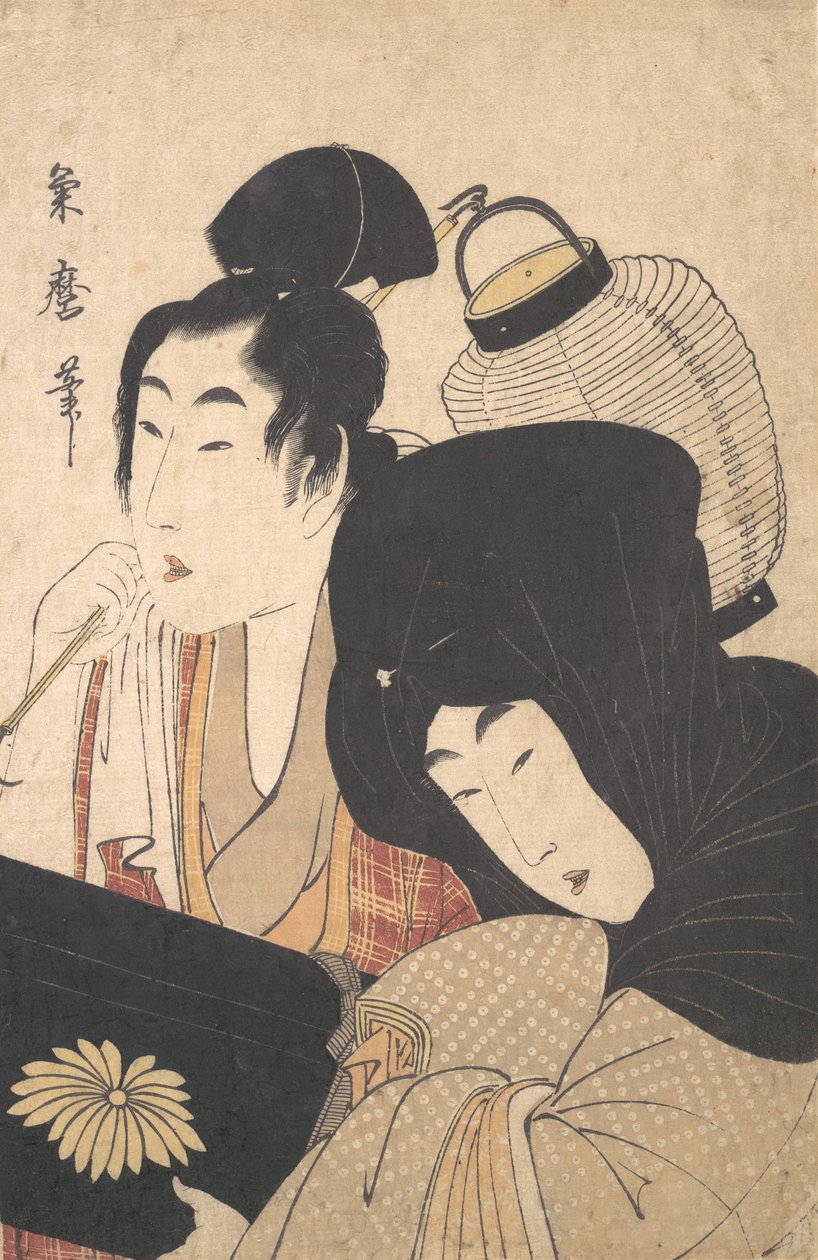 Bir Hizmetçinin eşlik ettiği Geceleri Genç Kadın..., 18. yüzyılın sonları ve 19. yüzyılın başlarında. by Kitagawa Kikumaro