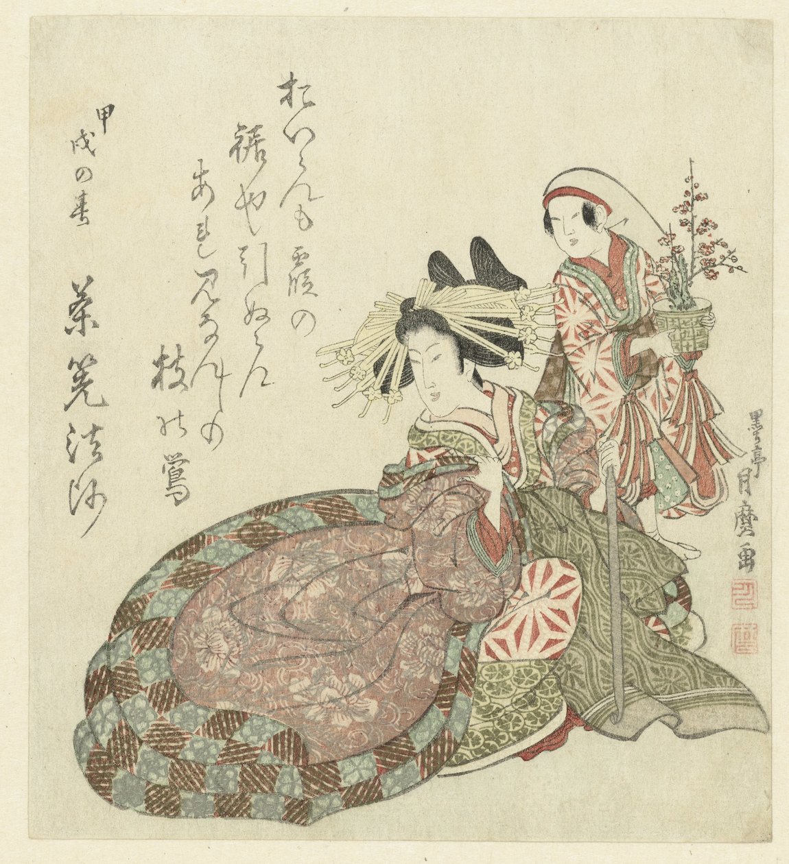 Oturan Fahişe ve Onun Kamuro by Kitagawa Tsukimaro