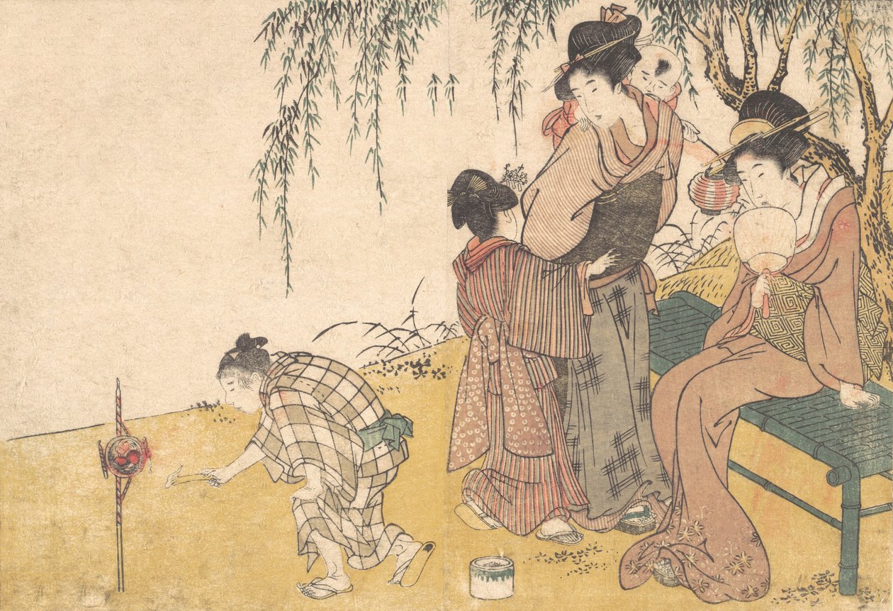 Dört Mevsim Çiçekleri, 1801 adlı resimli kitaptan bir Çocuk Işıklandırma Havai Fişekleri. by Kitagawa Utamaro