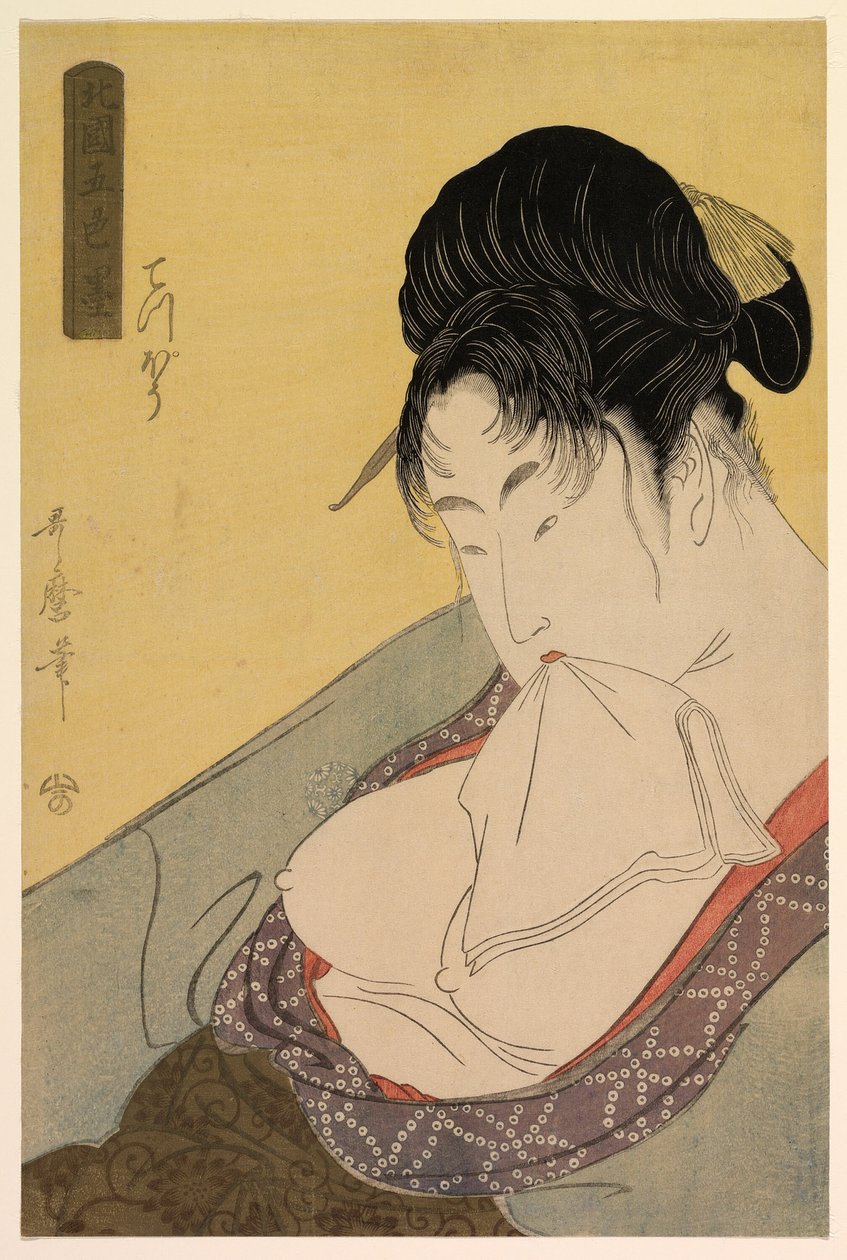 "Kuzey Mahallesinde Mürekkebin Beş Tonu" ("Hokkoku goshiki-zumi") dizisinden Düşük Sınıf Fahişe (Silah [teppo]) by Kitagawa Utamaro