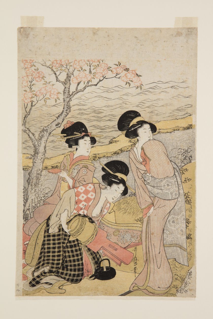 Deniz Kenarında Bir Sake Partisi (renkli tahta baskı) by Kitagawa Utamaro