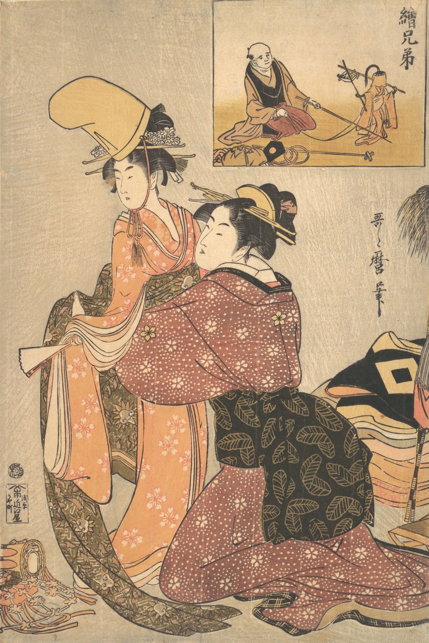 Bir Kızı Kabuki Dansı İçin Giydiren Bir Kadın “Musume Dojoji..., ca. 1795-96. by Kitagawa Utamaro