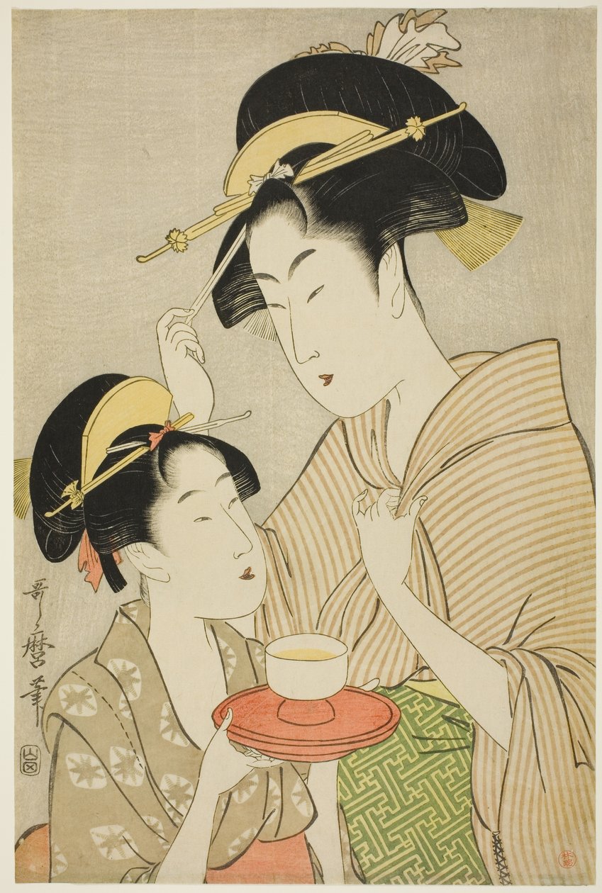 Başka Bir Kadına Çay Sunan Genç Kız by Kitagawa Utamaro