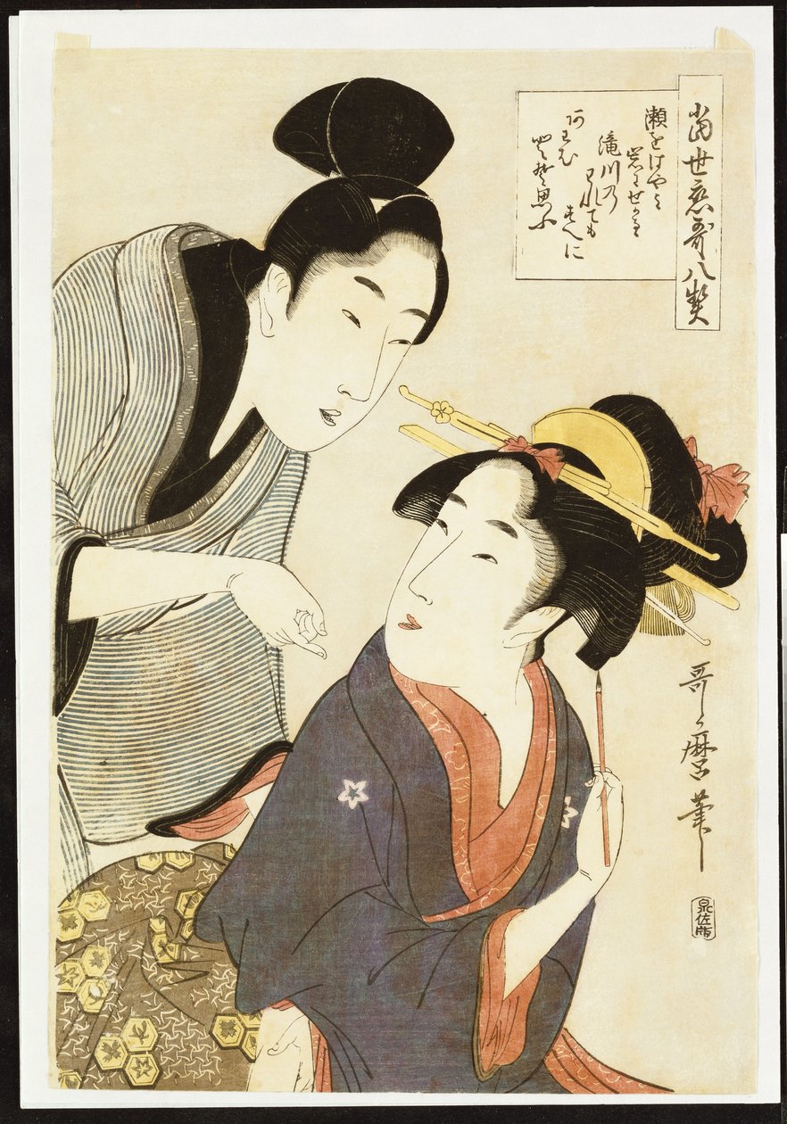 Bir güzelliğin ve hayranının çifte yarım boy portresi by Kitagawa Utamaro