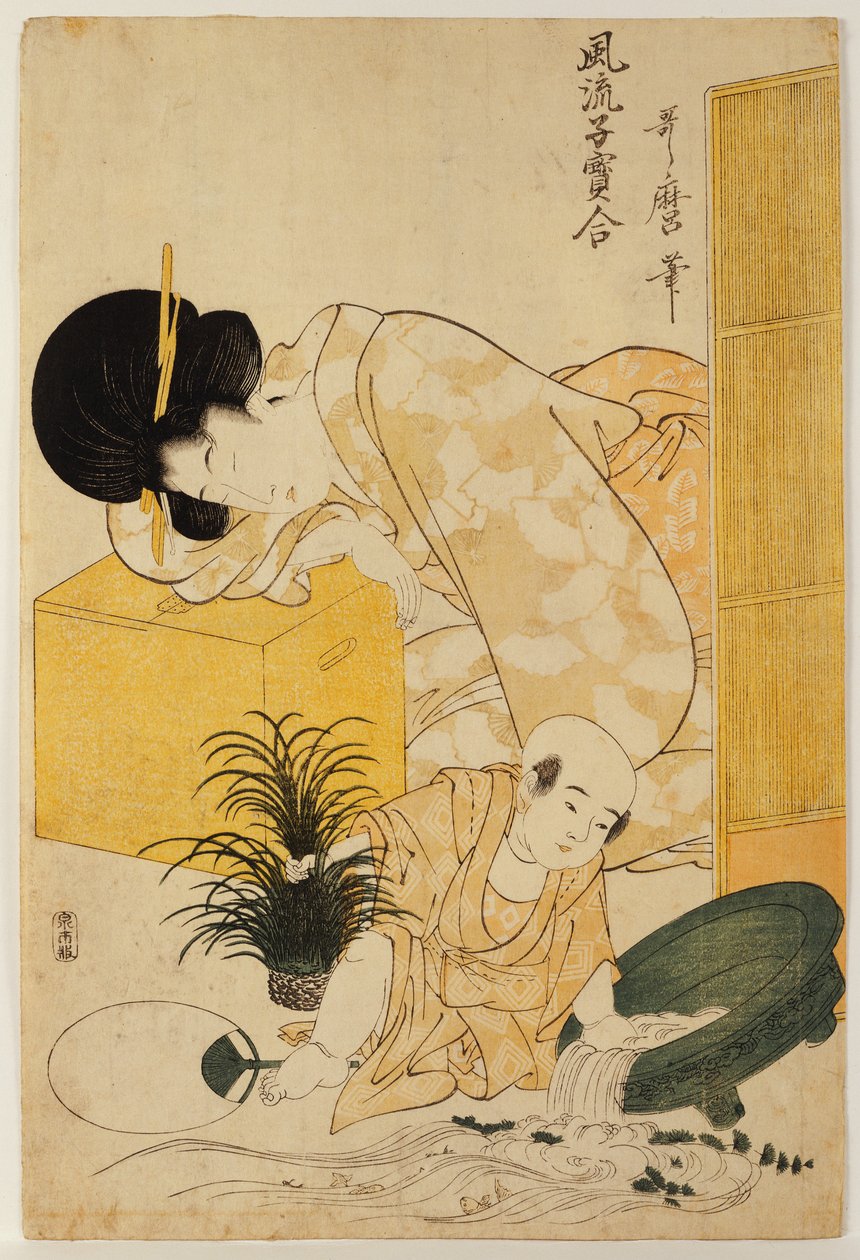 "Modaya Uygun Çocukların Karşılaştırılması" dizisinden çocuğu balık kasesini devirirken uyuklayan bir anne by Kitagawa Utamaro