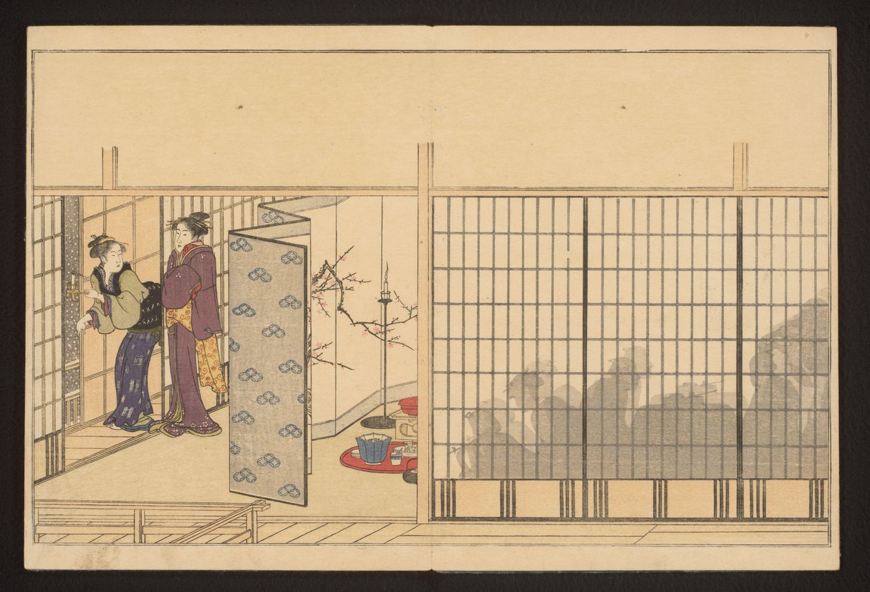 Solda iki kadının olduğu bir evde parti by Kitagawa Utamaro