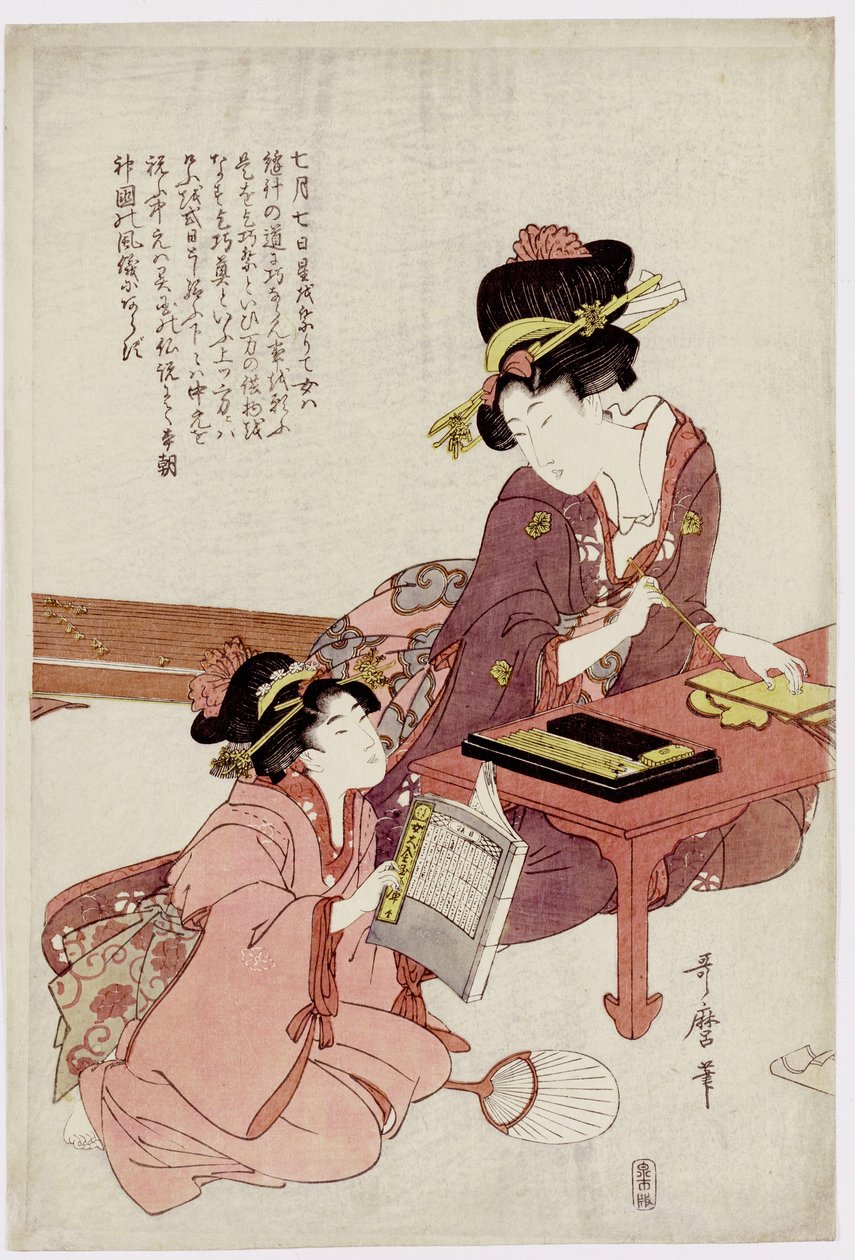 Masada oturan genç bir kadın, yazıyor, elinde kitap olan bir kız bakıyor. by Kitagawa Utamaro