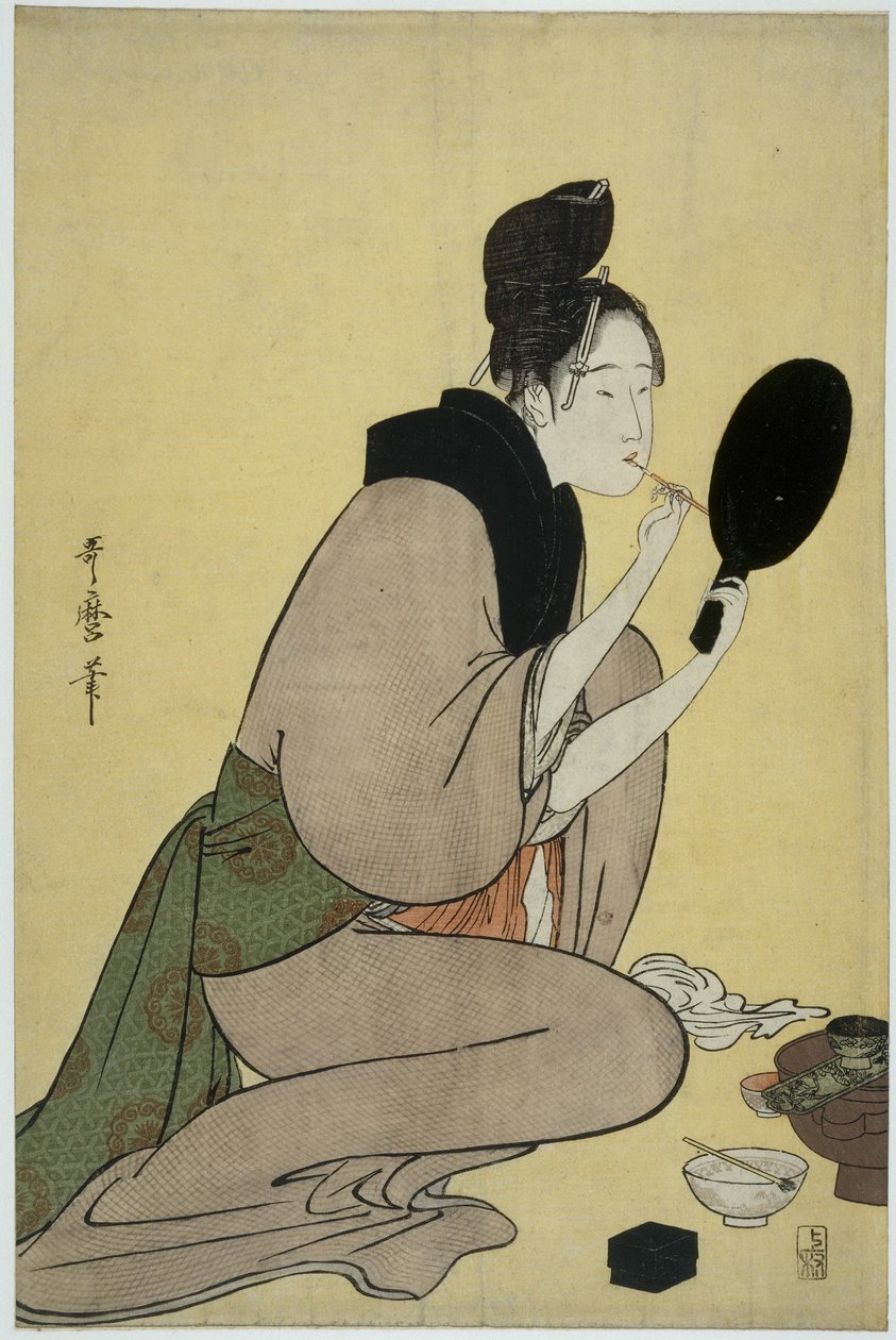 Bijin-ga. Dudaklarına makyaj yapan kız by Kitagawa Utamaro
