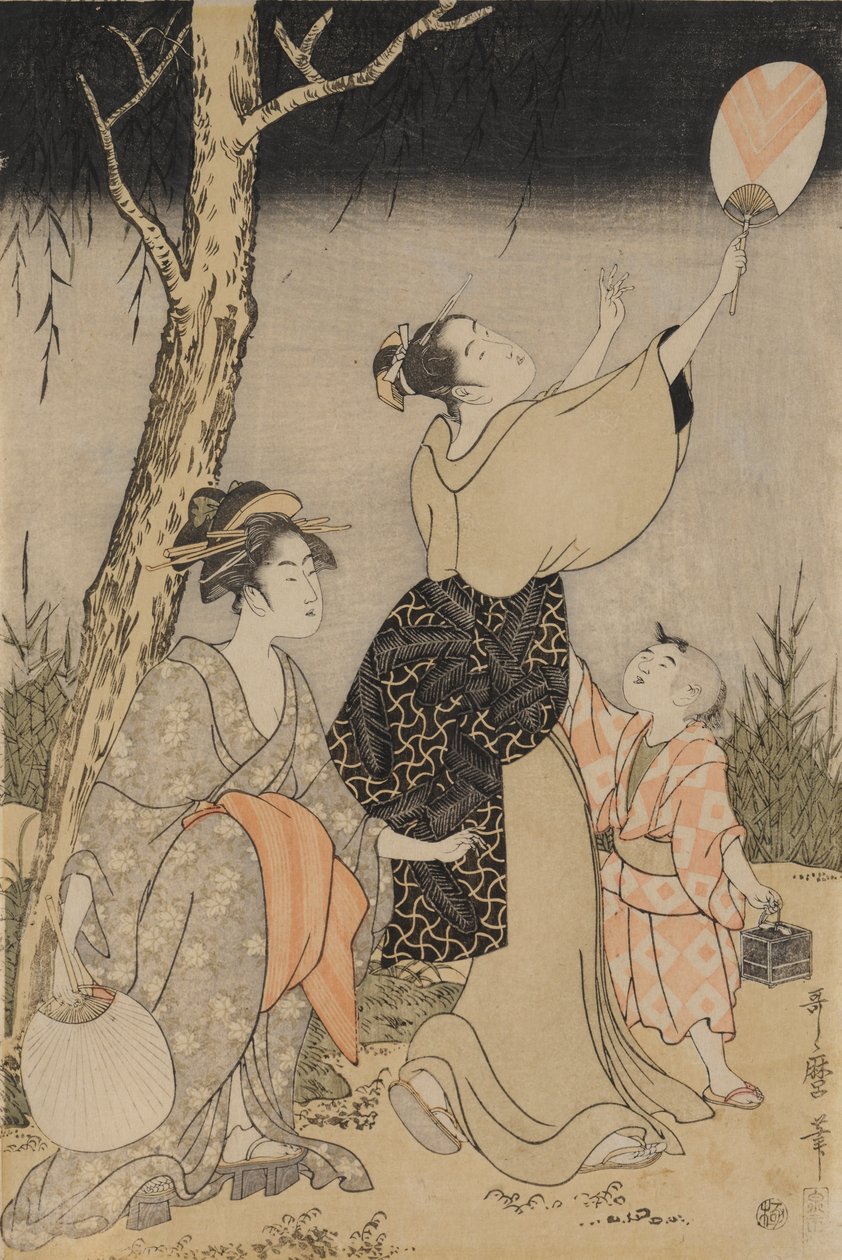 Söğüt Ağacının Altında Ateşböceklerini Yakalamak solda, c. 1796-1797. by Kitagawa Utamaro