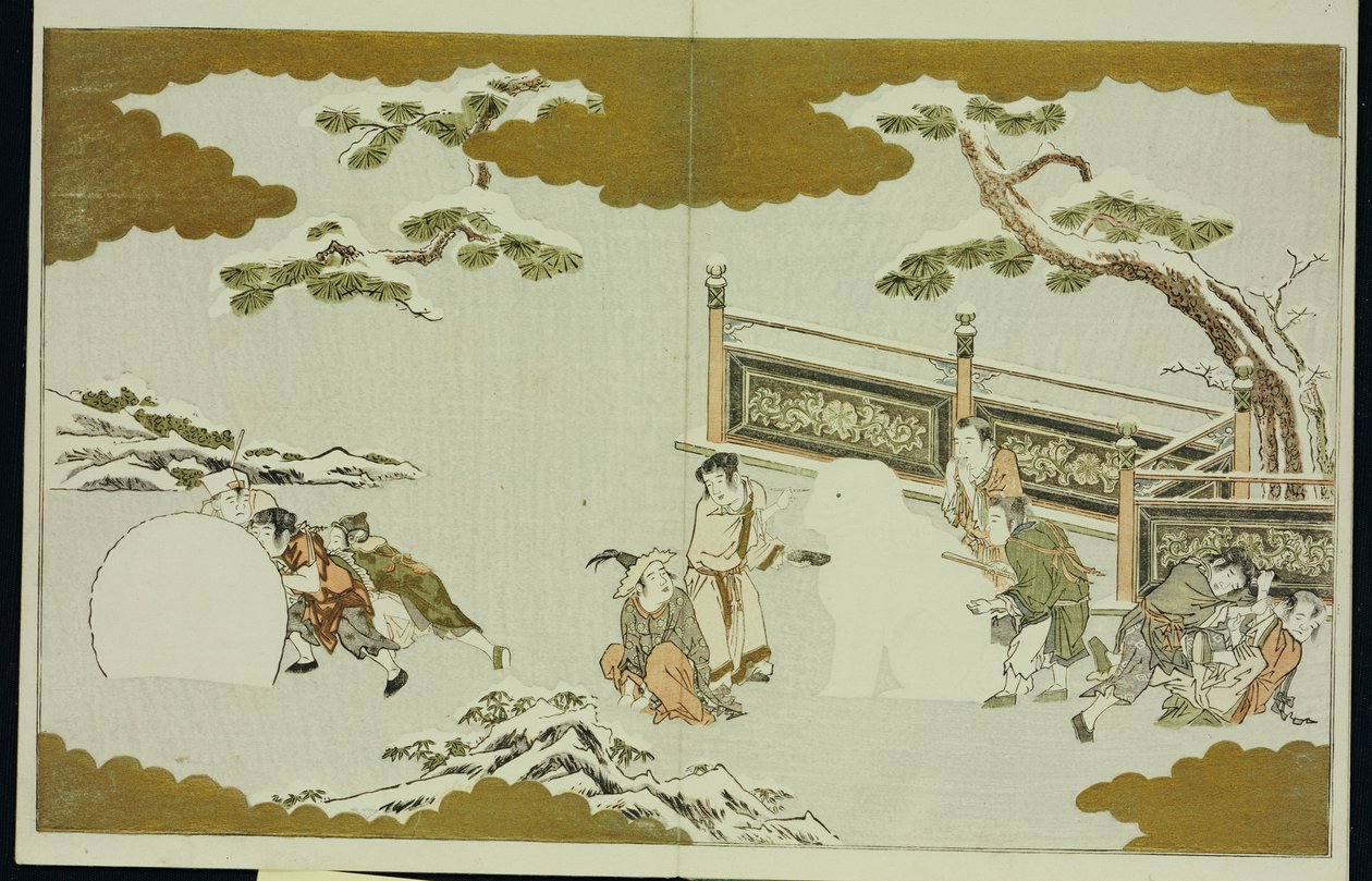 "Gümüş Dünya"dan kar nargile yapan ve kartopu yuvarlayan çocuklar by Kitagawa Utamaro