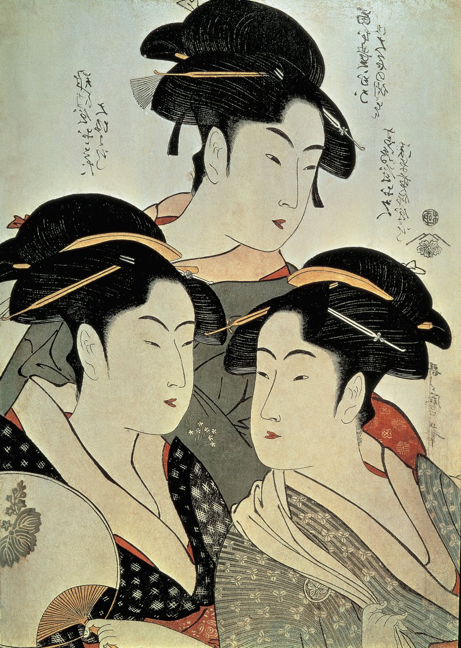 Üç kadının resminin yakın çekimi, Kitagawa Utamaro, Kansei dönemi, Japonya by Kitagawa Utamaro