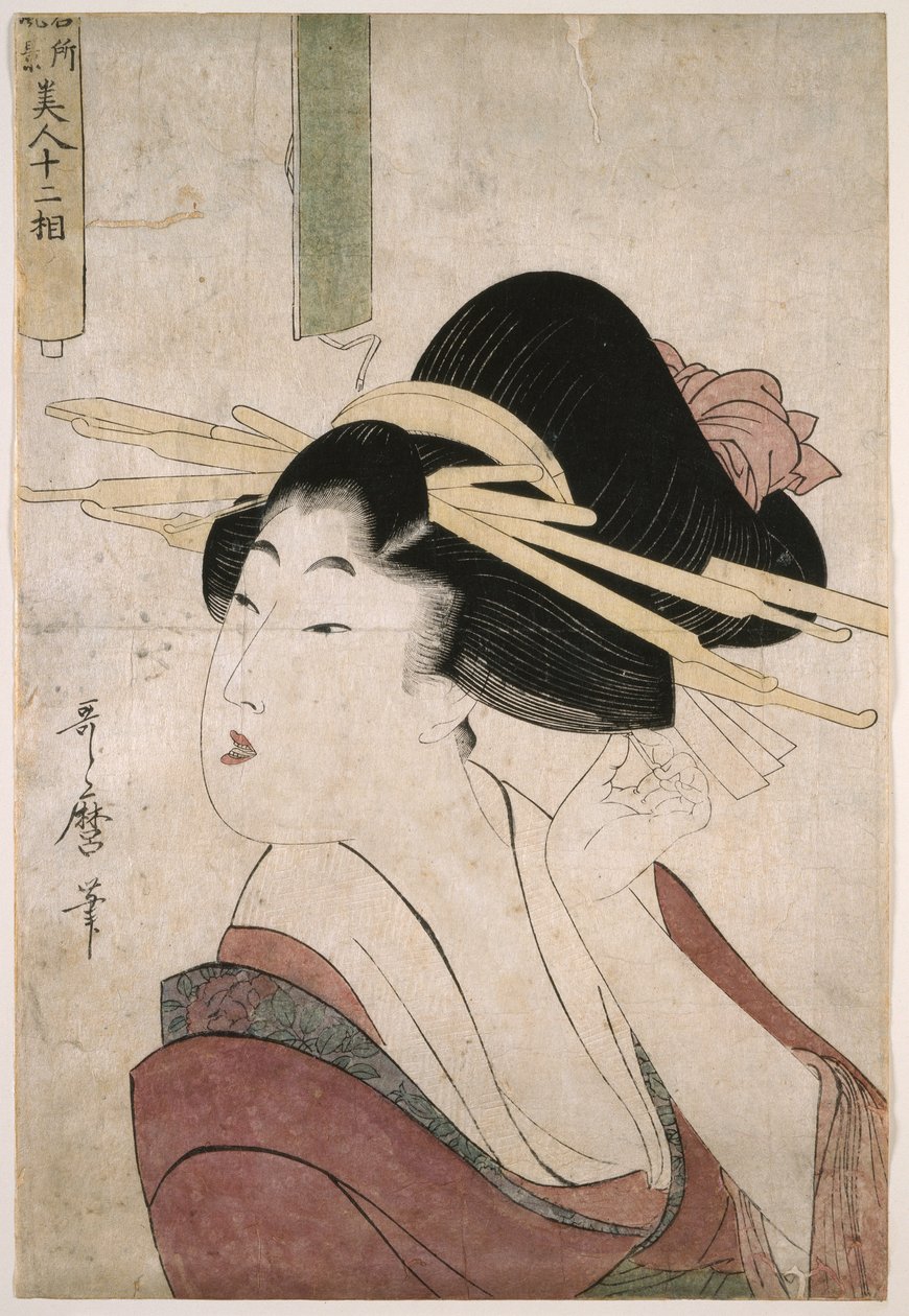 Nezaketçi saçına bir iğne yerleştiriyor (kısmen açılmış parşömende bir yazı yok) by Kitagawa Utamaro