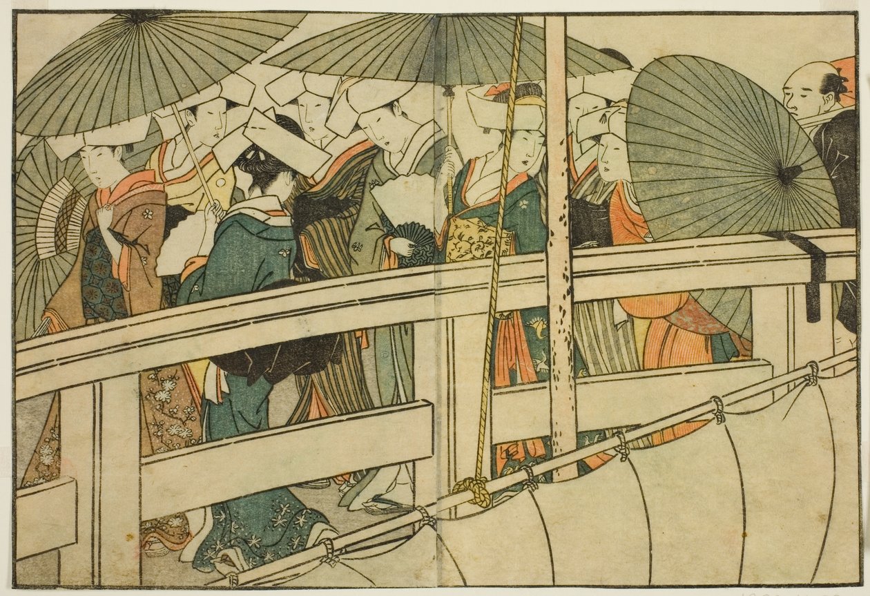 "Resimli Kitap: Dört Mevsim Çiçekleri (Ehon shiki no hana)" adlı resimli kitaptan Yaz Ayında Köprüyü Geçmek, cilt. 1 by Kitagawa Utamaro