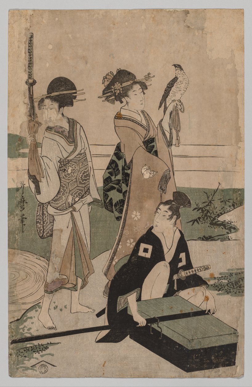 Daimyō ve Maiyeti Fuji Yakınlarındaki Bir Ovada Bir Dereyi Geçerken by Kitagawa Utamaro